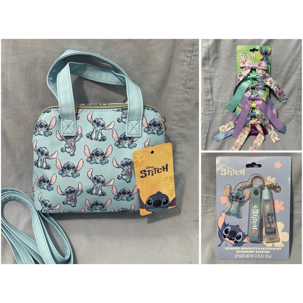 NEW Walt Disney Stitch Mini Blue Crossbody Bag Purse - Lip Gloss Set - Hair Bows
